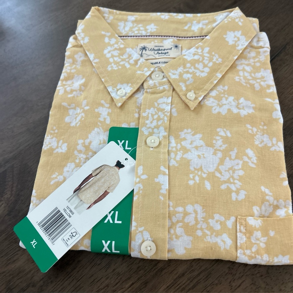 Original Weatherproof Vintage Shirt Button Down Short Sleeve NWT Yellow/White XL